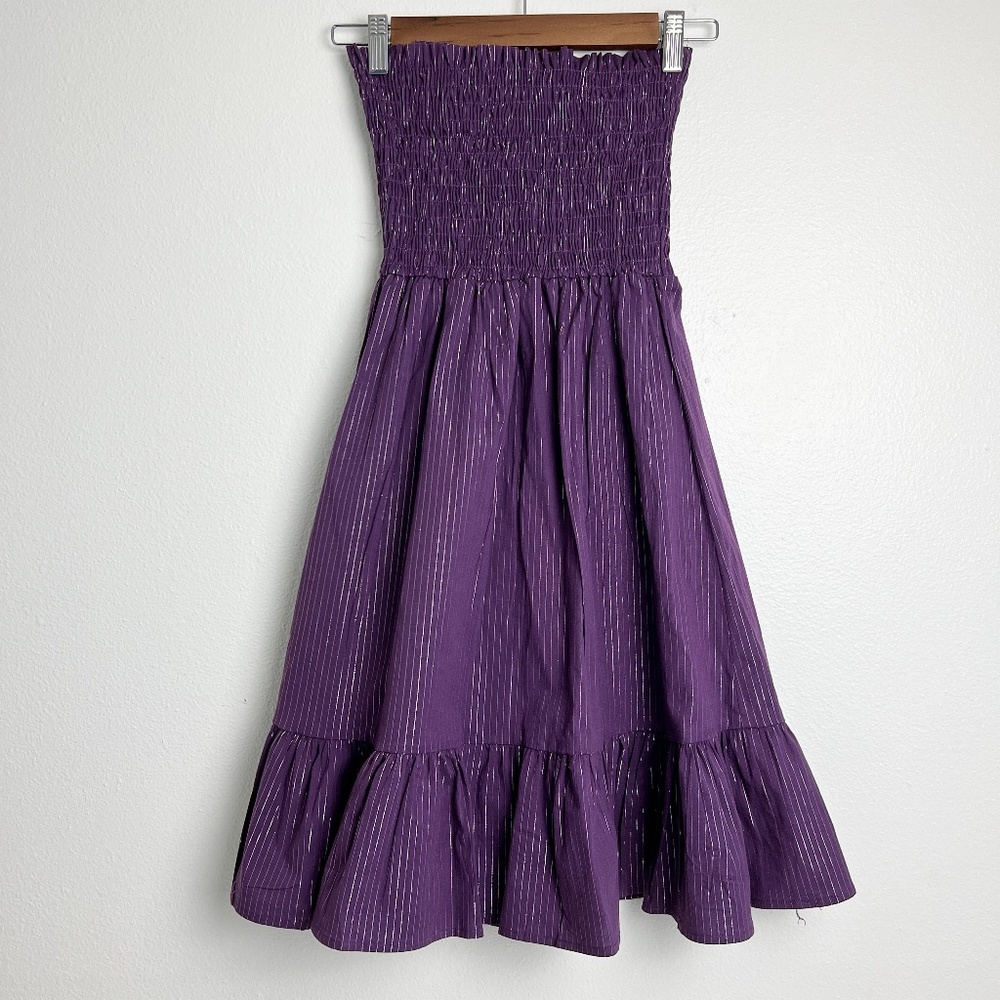 Strapless J2J Ruffle Purple Dress With Metallic Accents